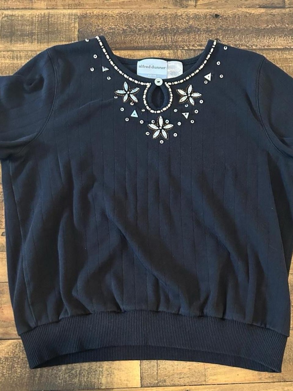 Alfred Dunner Navy Jeweled Short Sleeve Sweater Top
